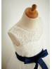 Ivory Lace Tulle Navy Blue Sash Knee Length Flower Girl Dress 